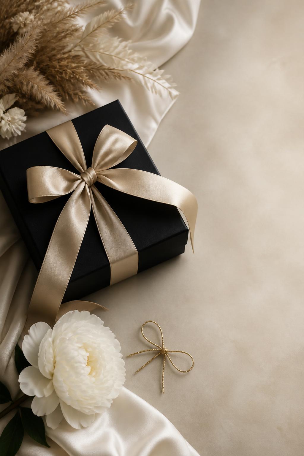 Luxury black bridal gift box with champagne gold silk ribbon, peony and pampas grass
